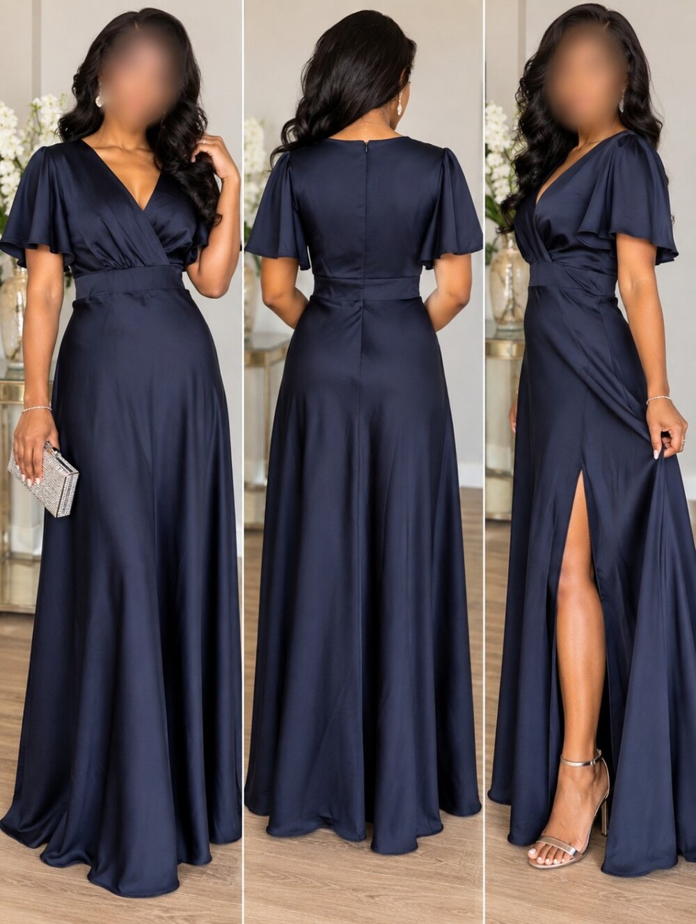 Birdy Grey Navy Blue Satin Maxi Bridesmaid Dress Size L Flutter Sleeve